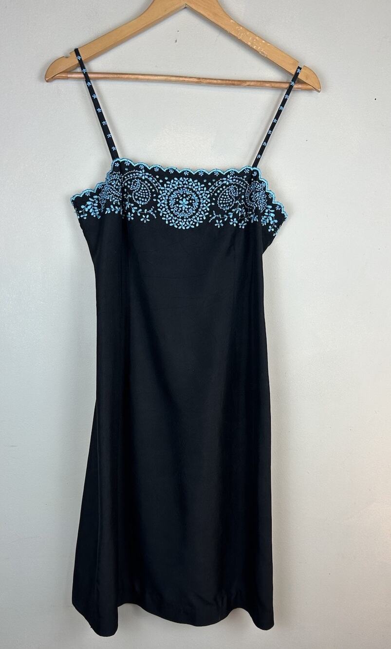 VTG Y2K Turquoise Beaded Cami Slip Dress Ann Taylor Silk Black Sz 4 Embroidered